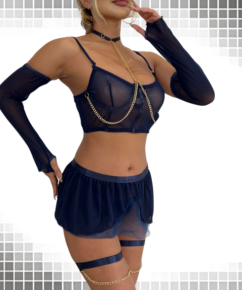 Women's Sexy Clothing, Sexy mesh skirt, top, and gloves 4-piece set