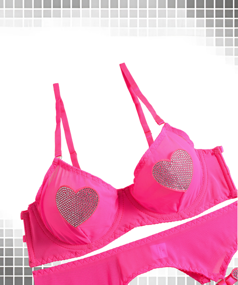 Women's Sexy Clothing, Mesh sexy heart-shaped rhinestone lingerie 3-piece set, Nightout, OOTD
