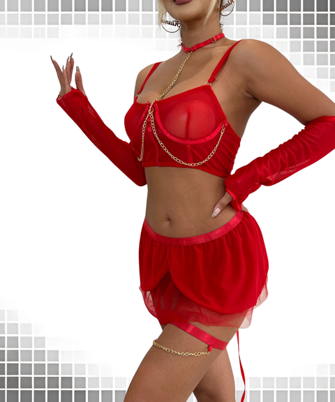 Women's Sexy Clothing, Sexy mesh skirt, top, and gloves 4-piece set