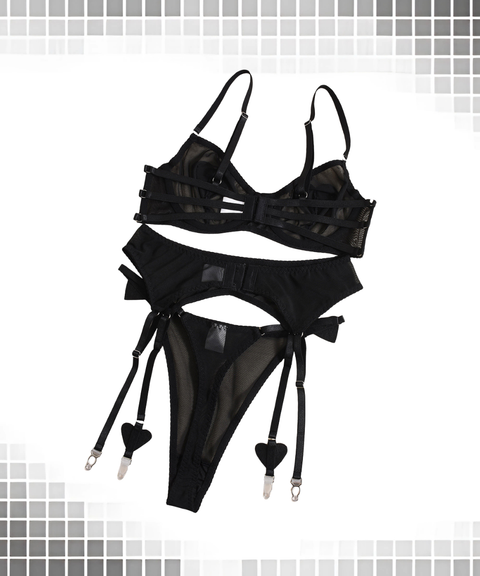 Women's Sexy Clothing, Mesh sexy heart-shaped rhinestone lingerie 3-piece set, Nightout, OOTD