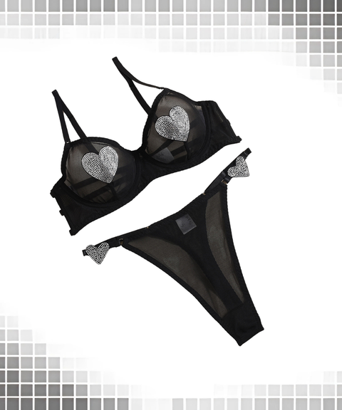 Women's Sexy Clothing, Mesh sexy heart-shaped rhinestone lingerie 3-piece set, Nightout, OOTD