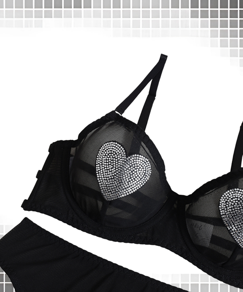 Women's Sexy Clothing, Mesh sexy heart-shaped rhinestone lingerie 3-piece set, Nightout, OOTD