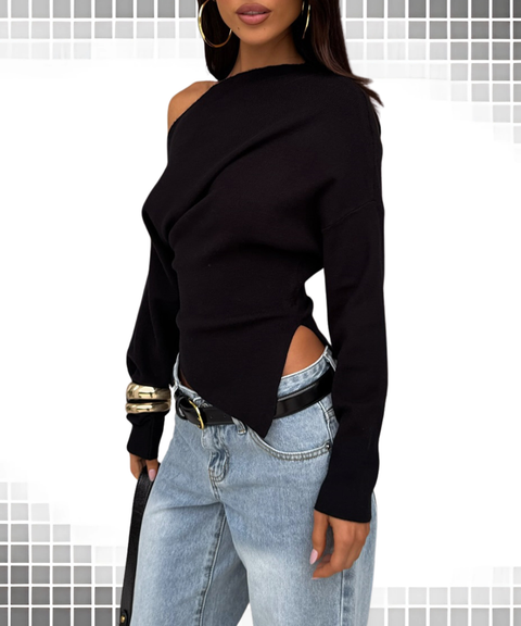 Long-sleeved off-shoulder T-shirt with a fitted waist