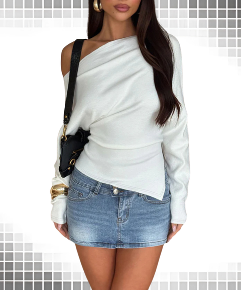 Long-sleeved off-shoulder T-shirt with a fitted waist