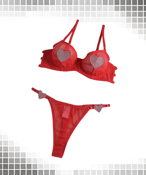 Women's Sexy Clothing, Mesh sexy heart-shaped rhinestone lingerie 3-piece set, Nightout, OOTD