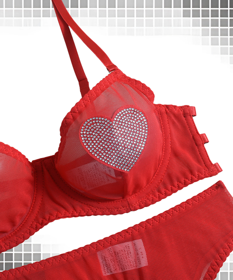 Women's Sexy Clothing, Mesh sexy heart-shaped rhinestone lingerie 3-piece set, Nightout, OOTD