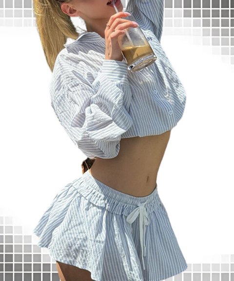Striped Long Sleeve Shirt High Waist A-Line Skirt Set