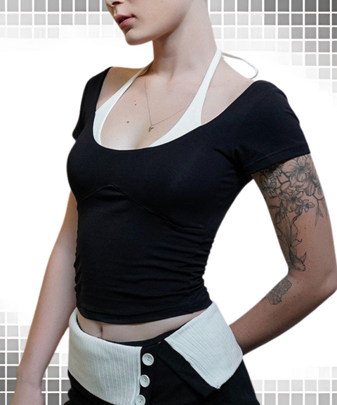 Fake two-piece halter sleeve T-shirt
