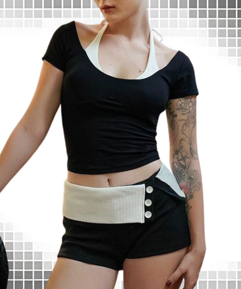 Fake two-piece halter sleeve T-shirt