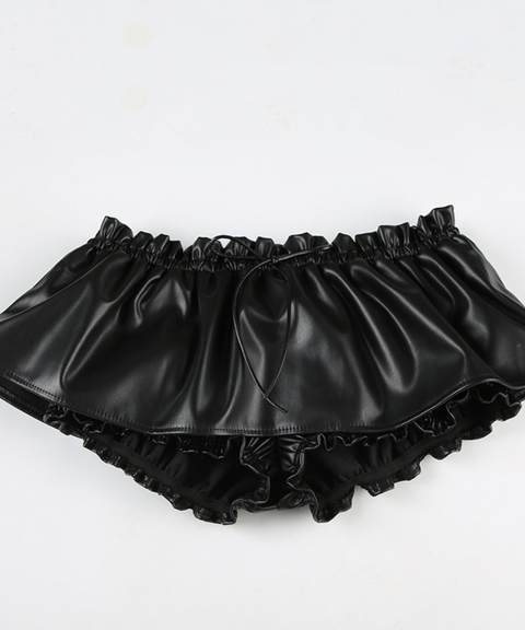Leather Ruffled Low Waist Short Sexy Flower Bud Skirt With Shorts