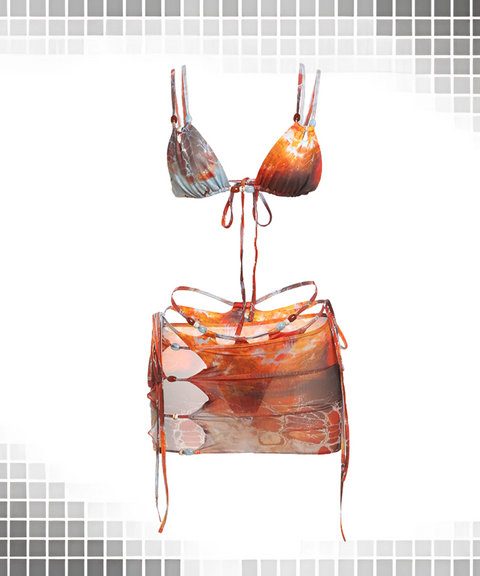 Trendy Print Mesh Tie-Up Bikini 3-Piece Set