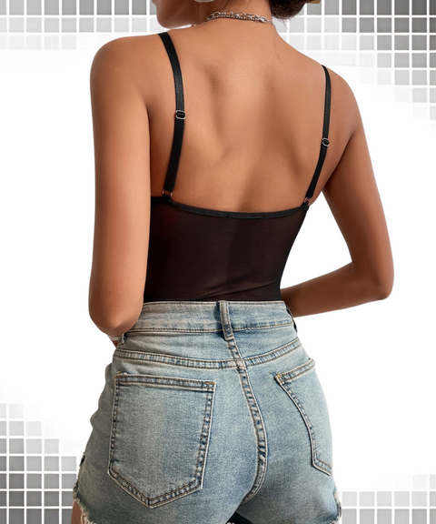 Sexy Sheer Backless Lace Mesh Patchwork Bodysuit