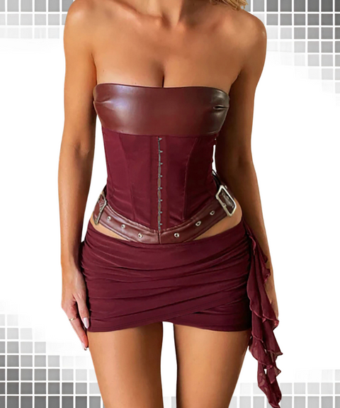 Waist-Cinching Cutout Leather Hip-Hugging Set with Harness Belt