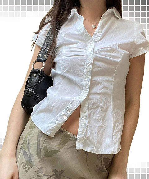 Slim Ruched Button-Up Back Tie Collar Shirt