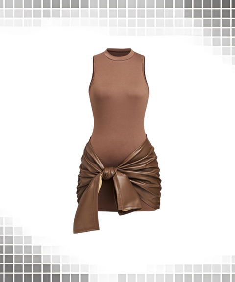 Solid Sleeveless Front Tie PU Trim Dress