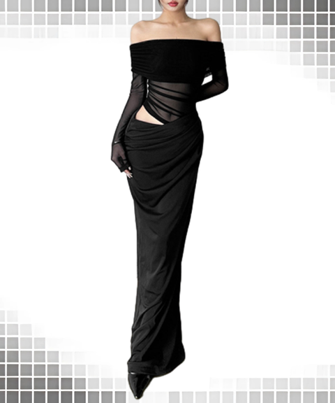 Elegant Sheer Mesh Off-Shoulder Maxi Dress