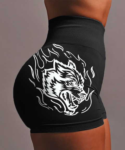 Wolf Head Print Seamless High-Stretch Knit High-Waist Yoga Butt-Lifting Shorts