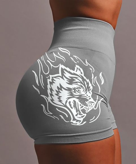 Wolf Head Print Seamless High-Stretch Knit High-Waist Yoga Butt-Lifting Shorts