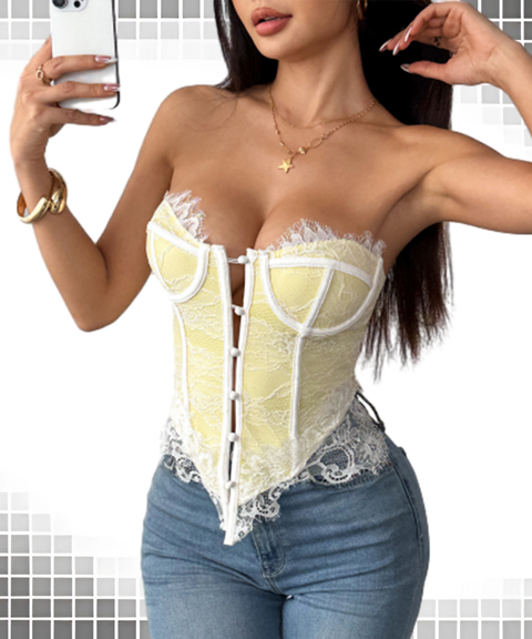 Lace Trim Low-Cut Buttoned Tube Top