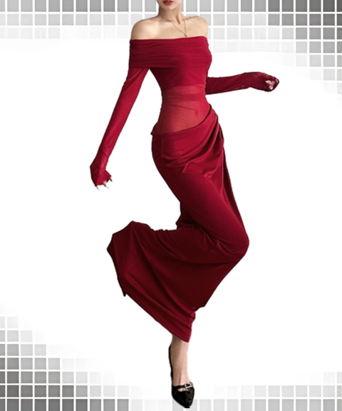 Elegant Sheer Mesh Off-Shoulder Maxi Dress