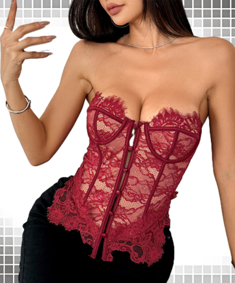 Lace Trim Low-Cut Buttoned Tube Top