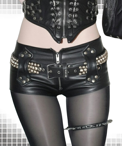 Women's Sexy Clothing, Tight-fitting studded leather shorts, Nightout OOTD