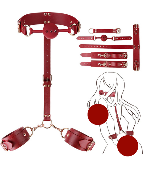 Women's Sexy Clothing, BDSM Leather Silicone Gag & Bondage Handcuff Set, Nightout OOTD