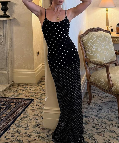 Women's Sexy Clothing, Polka Dot French-Style Cami Bodycon Maxi Dress