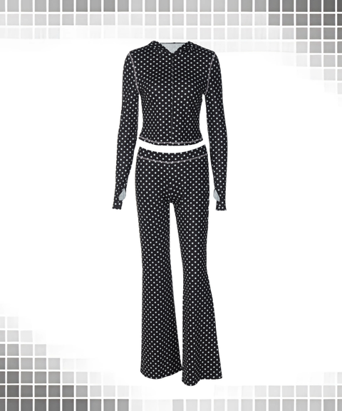 Women's Sexy Clothing, Polka Dot Hooded Cardigan Top & Low-Waist Flared Pants Set