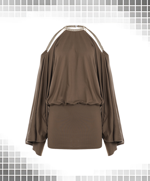 Women's Sexy Clothing, Butterfly Embroidered Metal Chain Backless Bodycon Dress with Batwing Sleeves & Halter Neck