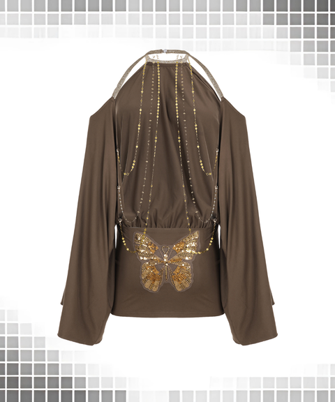 Women's Sexy Clothing, Butterfly Embroidered Metal Chain Backless Bodycon Dress with Batwing Sleeves & Halter Neck