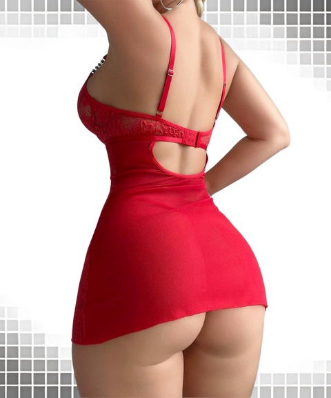 Women's Sexy Clothing, Embroidered Lace Sheer Cami Thong Mini Dress Two-Piece Set, Nightout OOTD