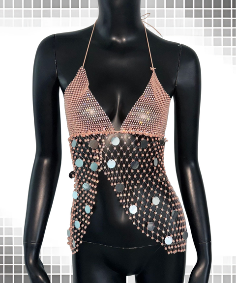 Women's Sexy Clothing, Fishnet rhinestone sequined lace-up vest, Nightout OOTD