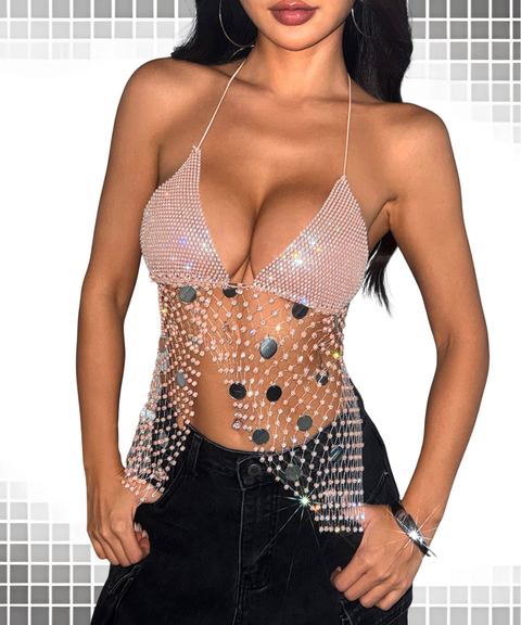 Women's Sexy Clothing, Fishnet rhinestone sequined lace-up vest, Nightout OOTD