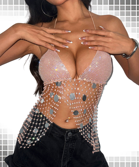 Women's Sexy Clothing, Fishnet rhinestone sequined lace-up vest, Nightout OOTD