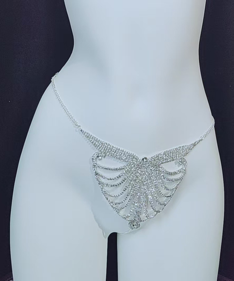 Women's Sexy Clothing,Rhinestone-embellished chain bra and thong set & body chain ,Nightout OOTD