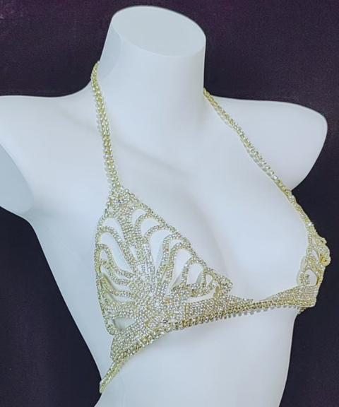 Women's Sexy Clothing,Rhinestone-embellished chain bra and thong set & body chain ,Nightout OOTD
