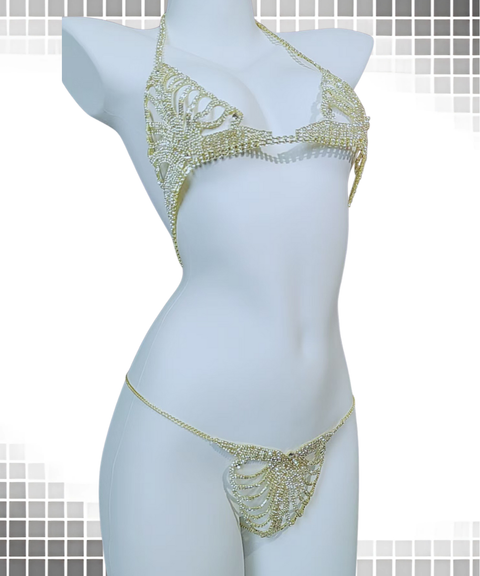 Women's Sexy Clothing,Rhinestone-embellished chain bra and thong set & body chain ,Nightout OOTD
