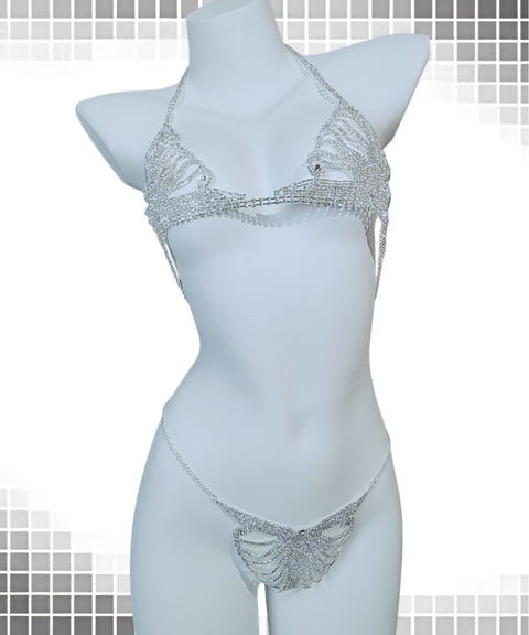 Women's Sexy Clothing,Rhinestone-embellished chain bra and thong set & body chain ,Nightout OOTD