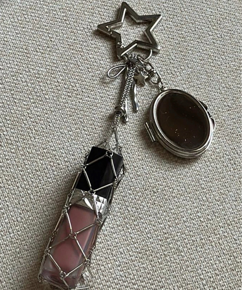 High-end silver lipstick holder bag charm with a built-in makeup mirror