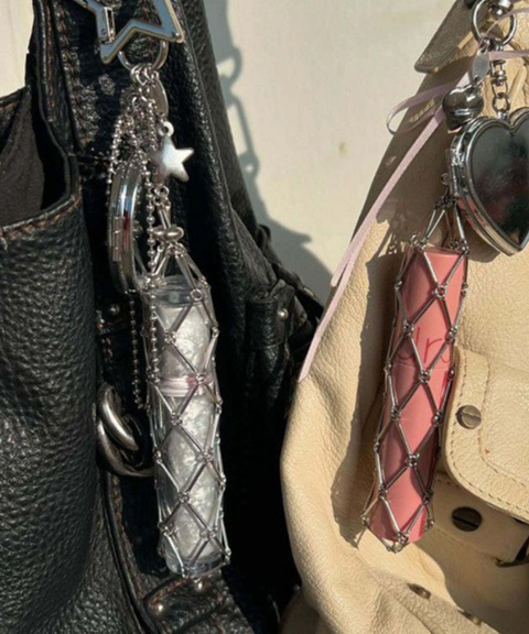 High-end silver lipstick holder bag charm with a built-in makeup mirror