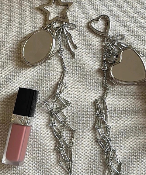 High-end silver lipstick holder bag charm with a built-in makeup mirror