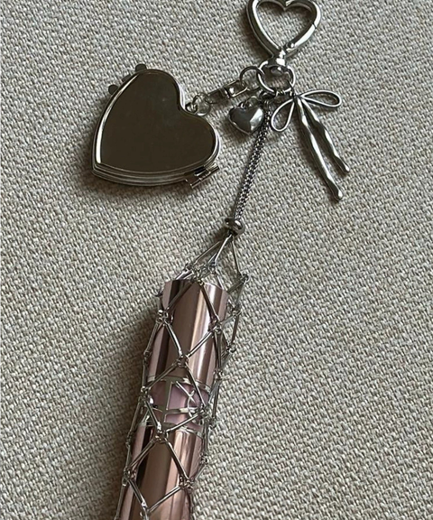 High-end silver lipstick holder bag charm with a built-in makeup mirror