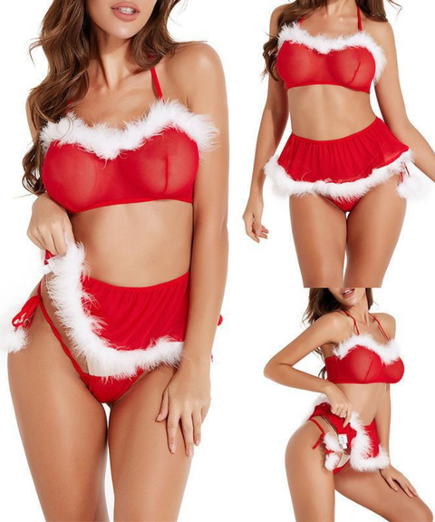 Women's Sexy Clothing, Christmas Fur See-through Three-Piece Set, Nightout OOTD