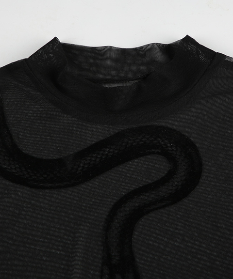 Women's Sexy Clothing,Flocked snake-print sheer mesh bodysuit