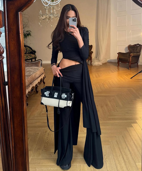 Elegant long-sleeved top + flared pants set