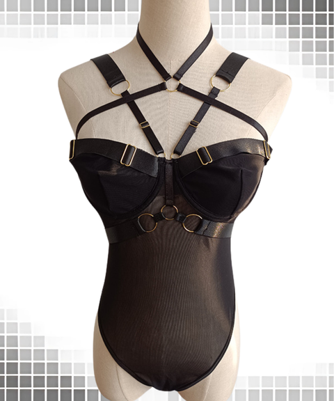 Women's Sexy Clothing, Mesh see-through bodysuit with straps, Nightout OOTD