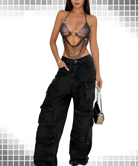 Women's Sexy Clothing, Fishing Net Rhinestone Patchwork Suspender Vest, Nightout OOTD