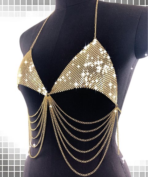 Women's Sexy Clothing, Metal sequined delicate chain halter top & body chain, Nightout OOTD