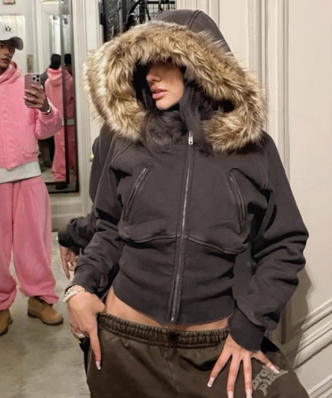 Street-Style Fuzzy Patchwork Hoodie Jacket